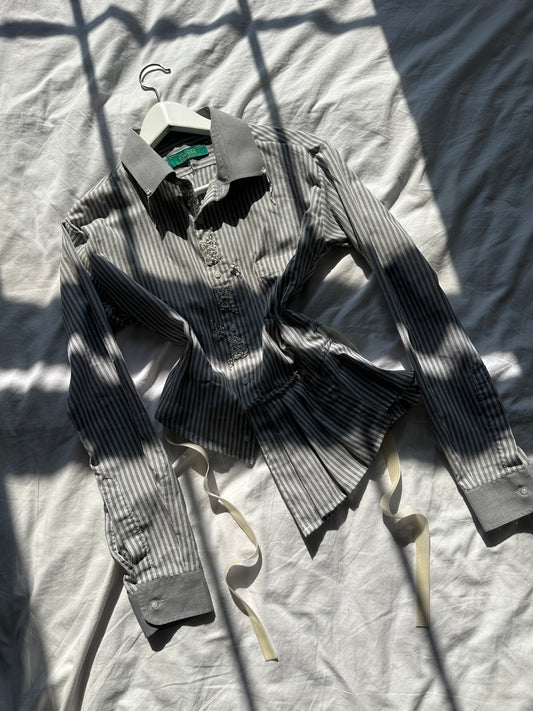 Embellished Striped Fitted Shirt Grey & White