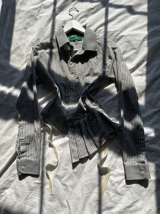 Embellished Striped Fitted Shirt Grey & White