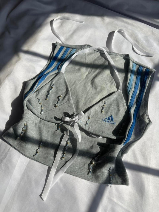 Beaded Open Chest Top Grey & Blue