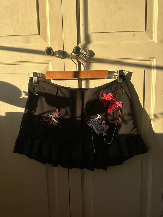 Embellished Koi Fish Pleated Mini Skirt Black & Red