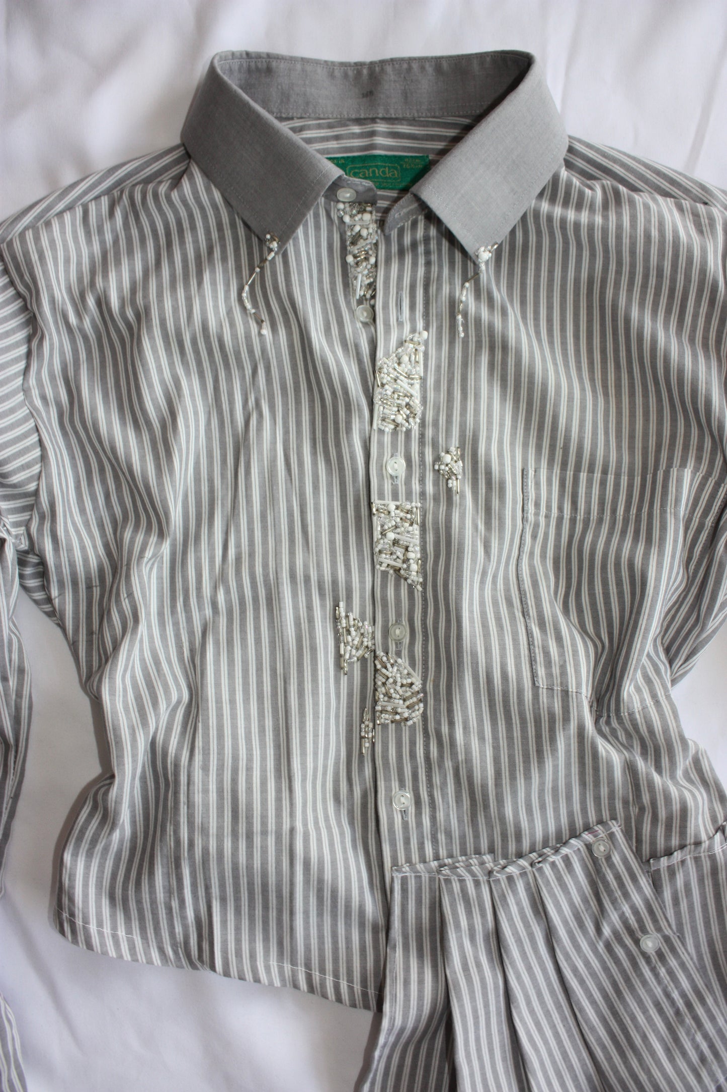 Embellished Striped Fitted Shirt Grey & White