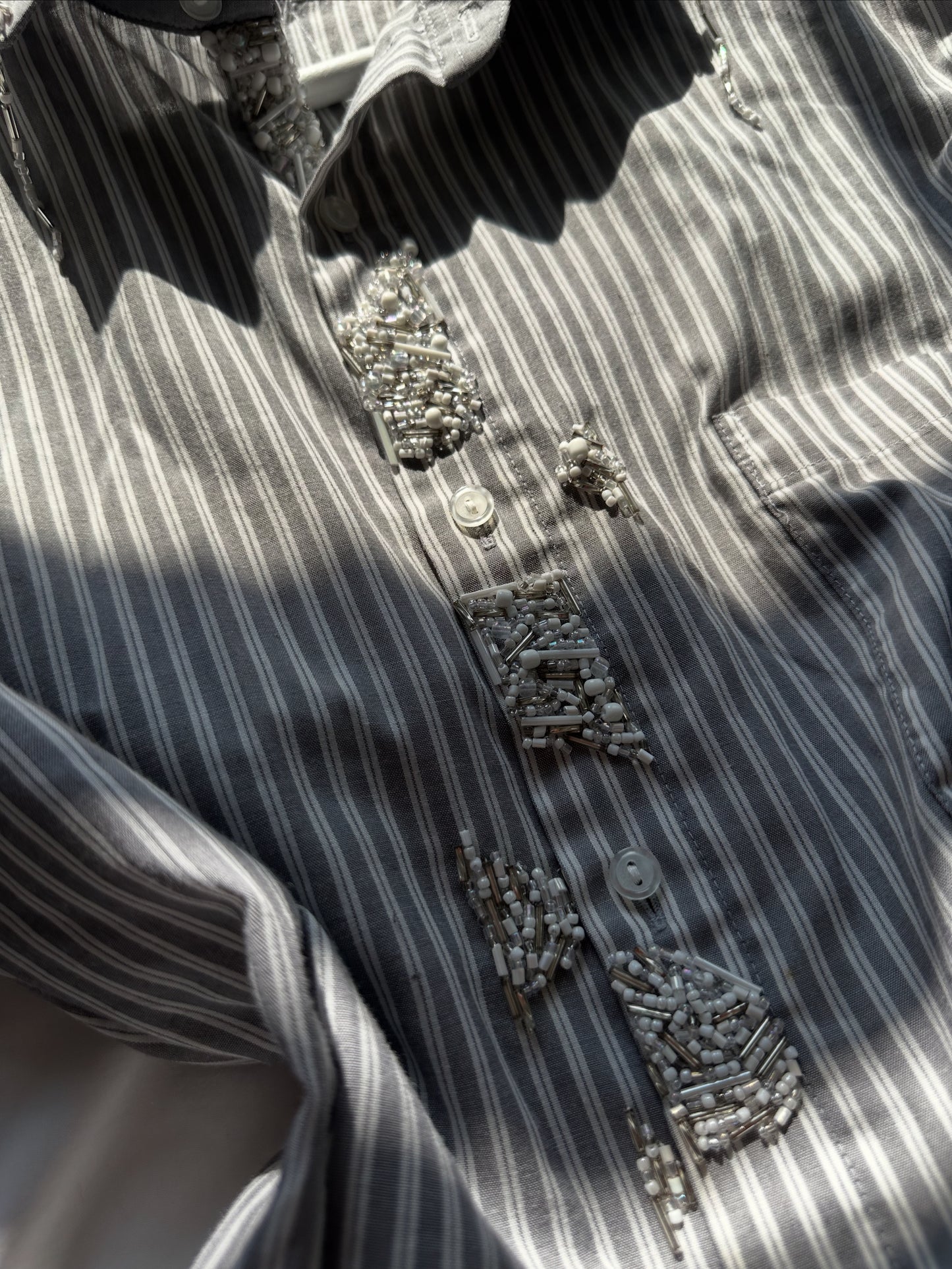 Embellished Striped Fitted Shirt Grey & White