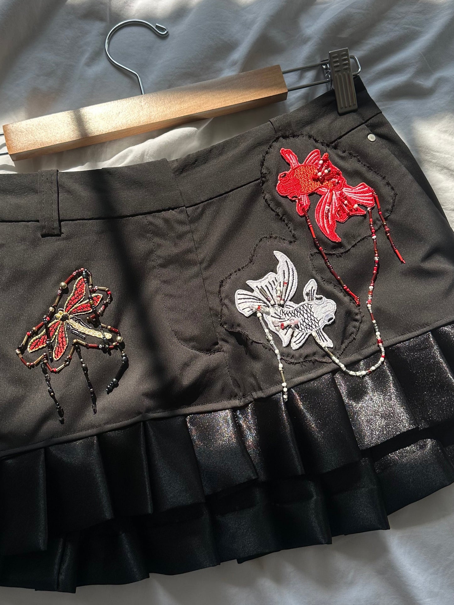 Embellished Koi Fish Pleated Mini Skirt Black & Red