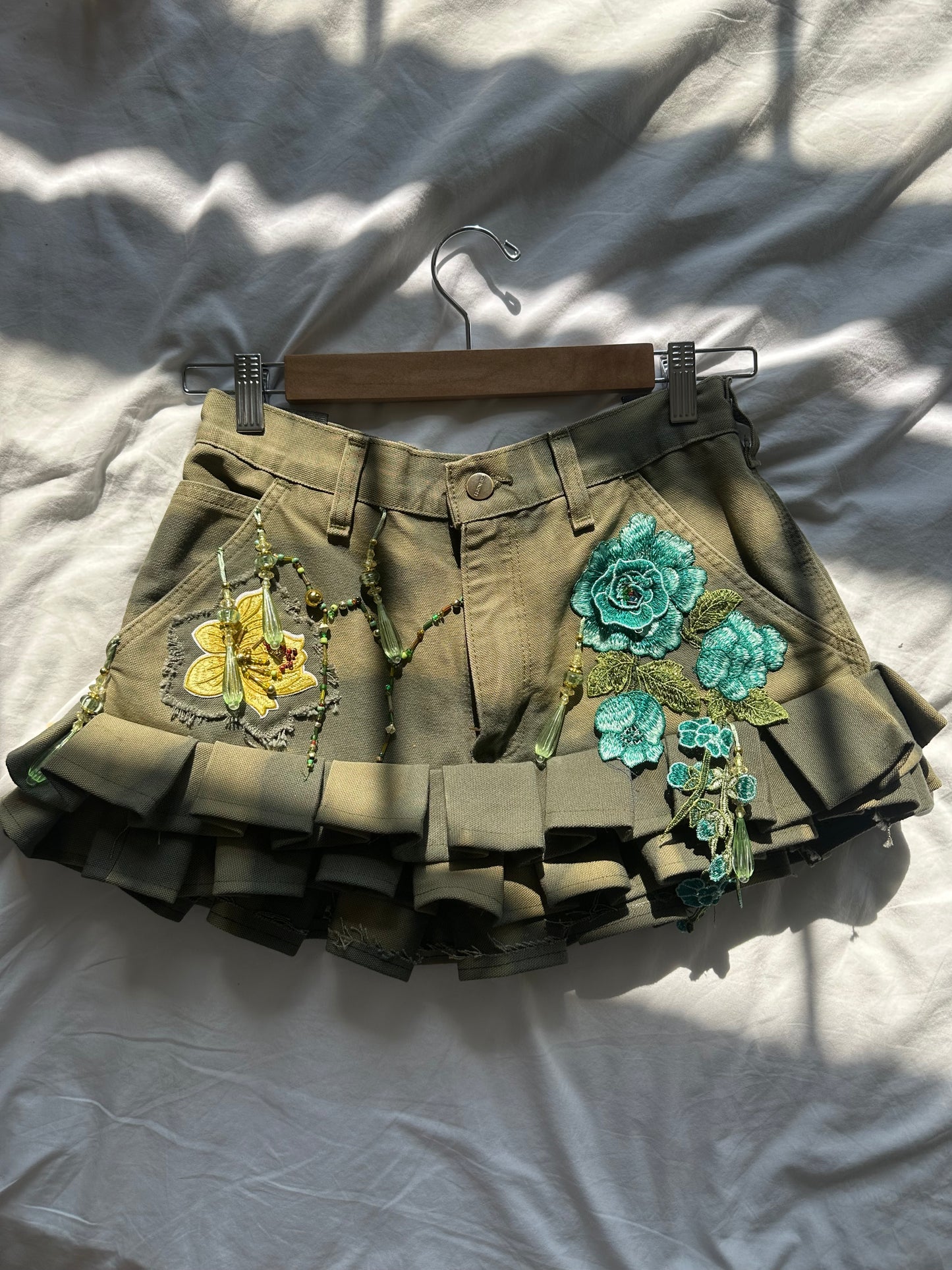 Embellished Floral Pleated Denim Skirt Khaki Green