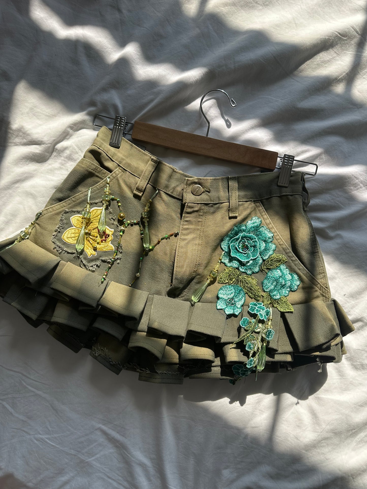 Embellished Floral Pleated Denim Skirt Khaki Green