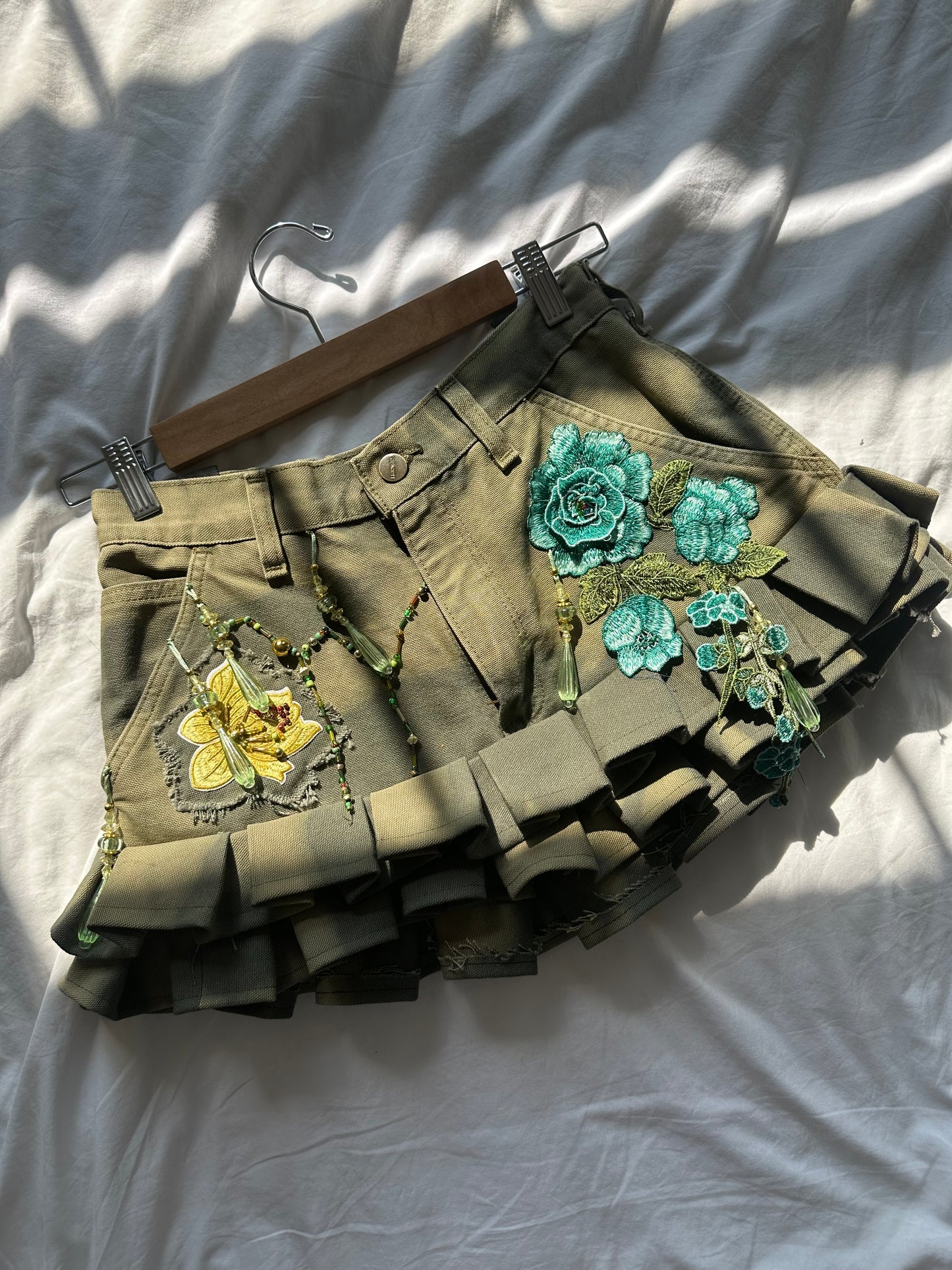 Embellished Floral Pleated Denim Skirt Khaki Green