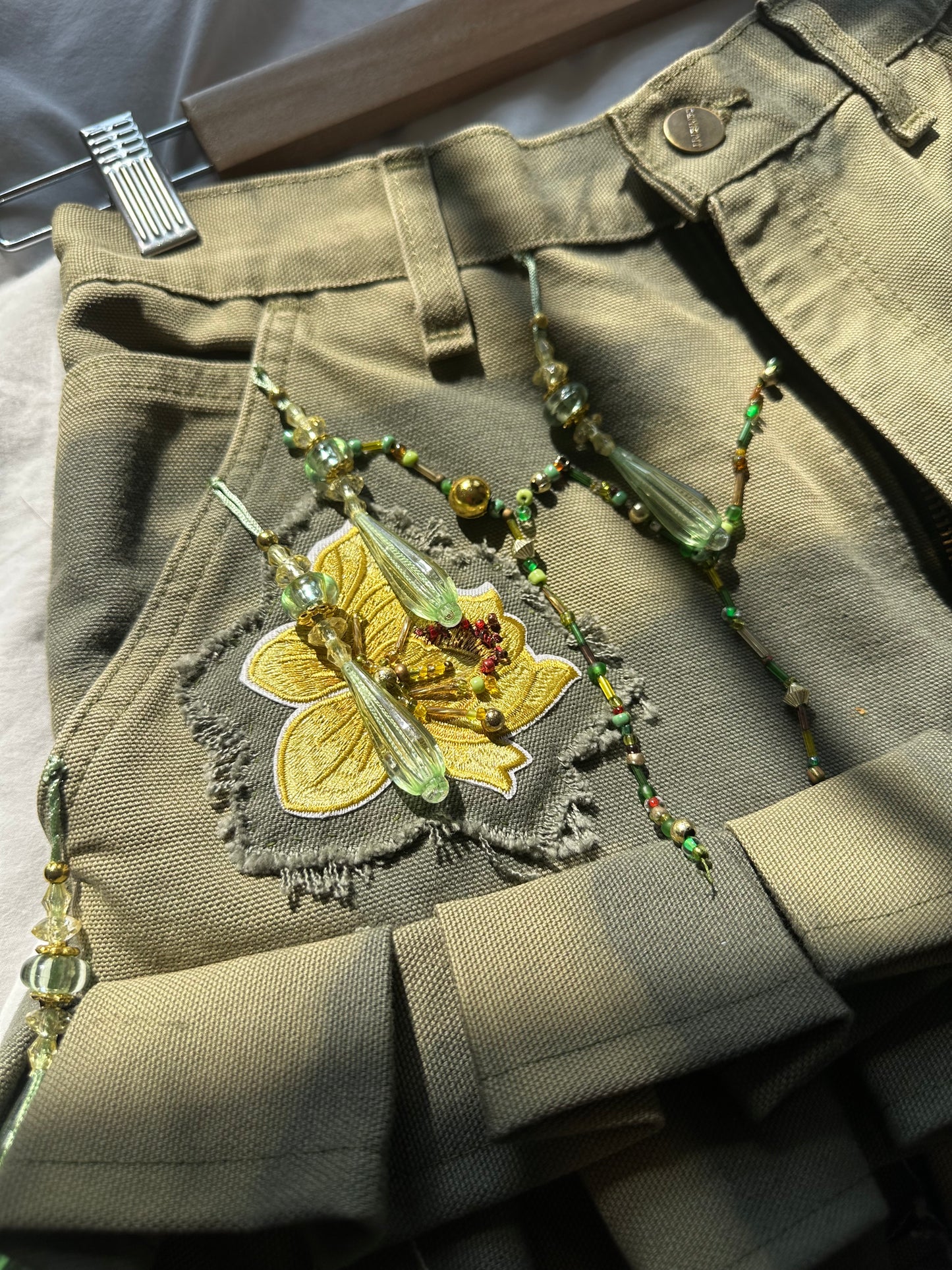Embellished Floral Pleated Denim Skirt Khaki Green