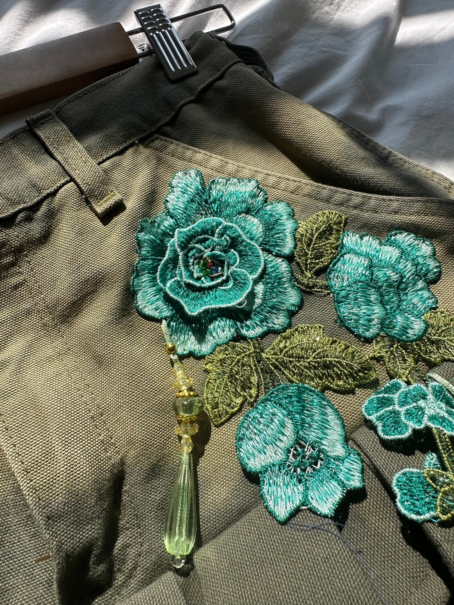 Embellished Floral Pleated Denim Skirt Khaki Green