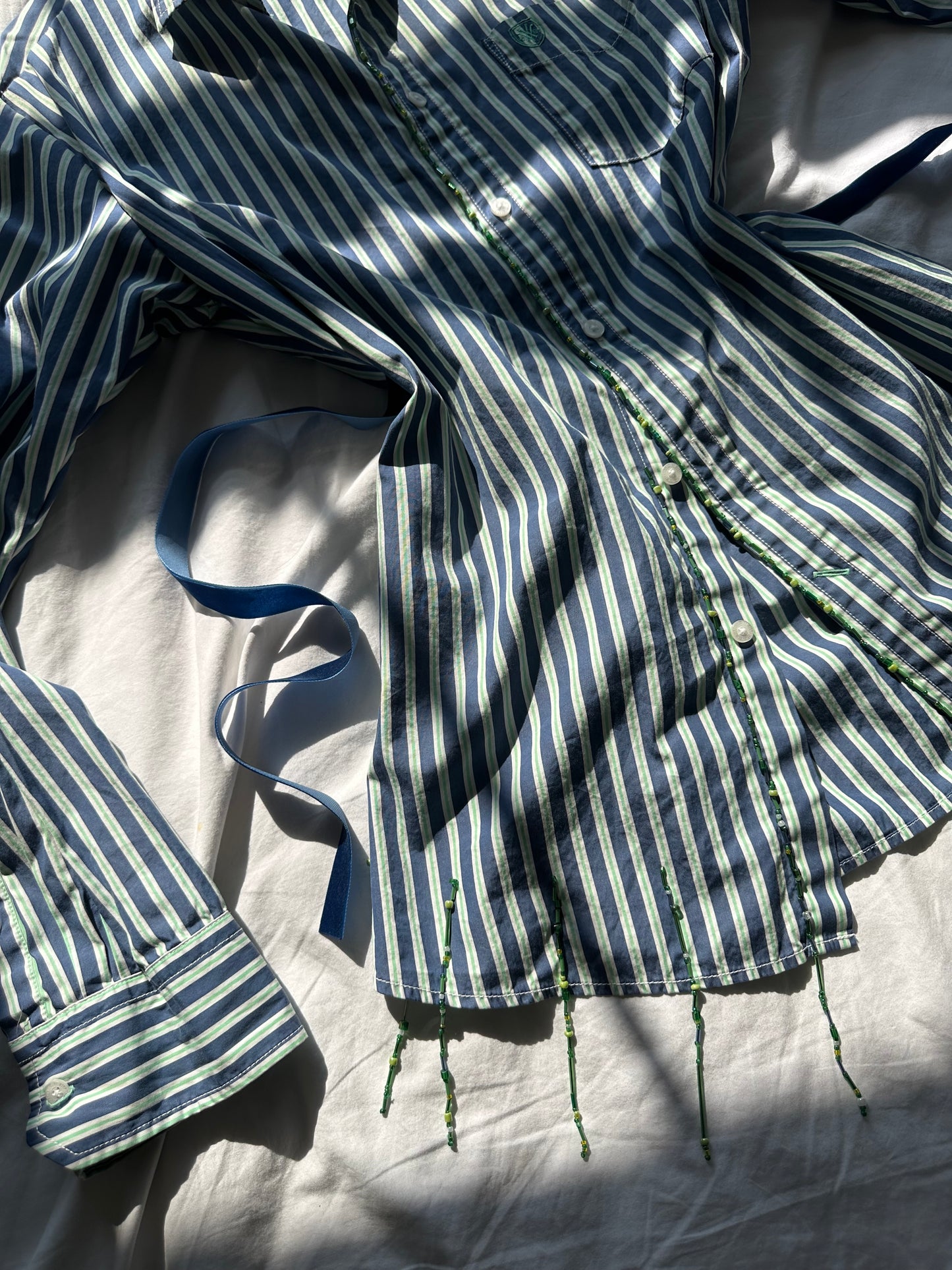 Embellished Striped Fitted Shirt Blue & Green Stripe