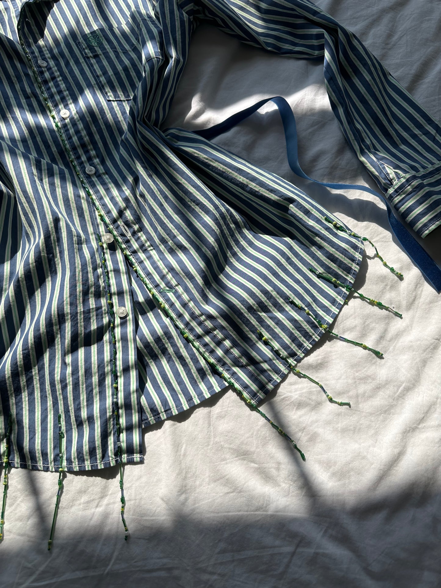 Embellished Striped Fitted Shirt Blue & Green Stripe