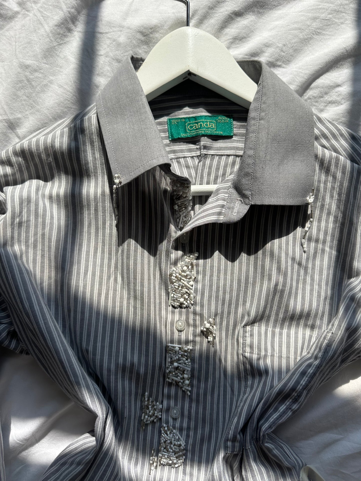 Embellished Striped Fitted Shirt Grey & White