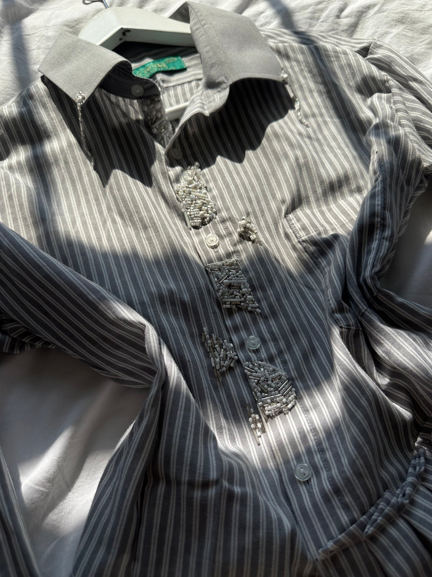 Embellished Striped Fitted Shirt Grey & White