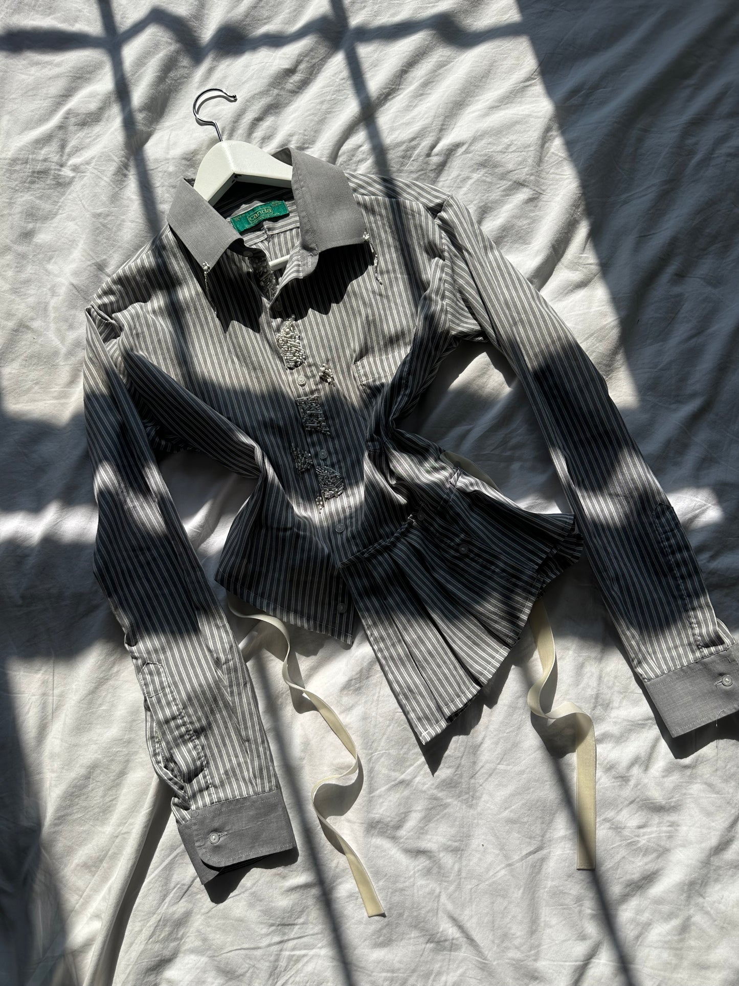 Embellished Striped Fitted Shirt Grey & White