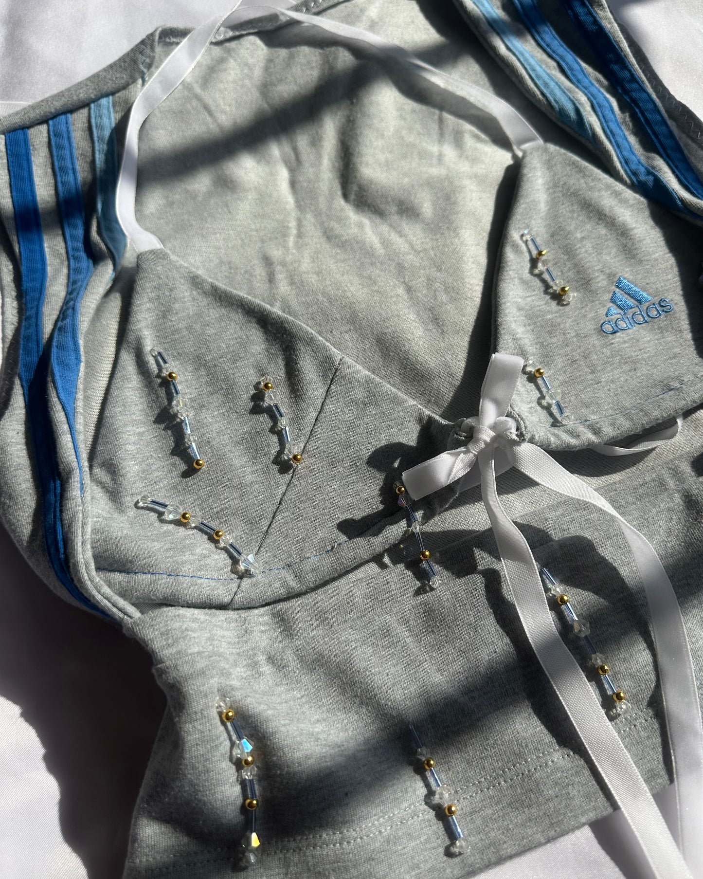 Beaded Open Chest Top Grey & Blue