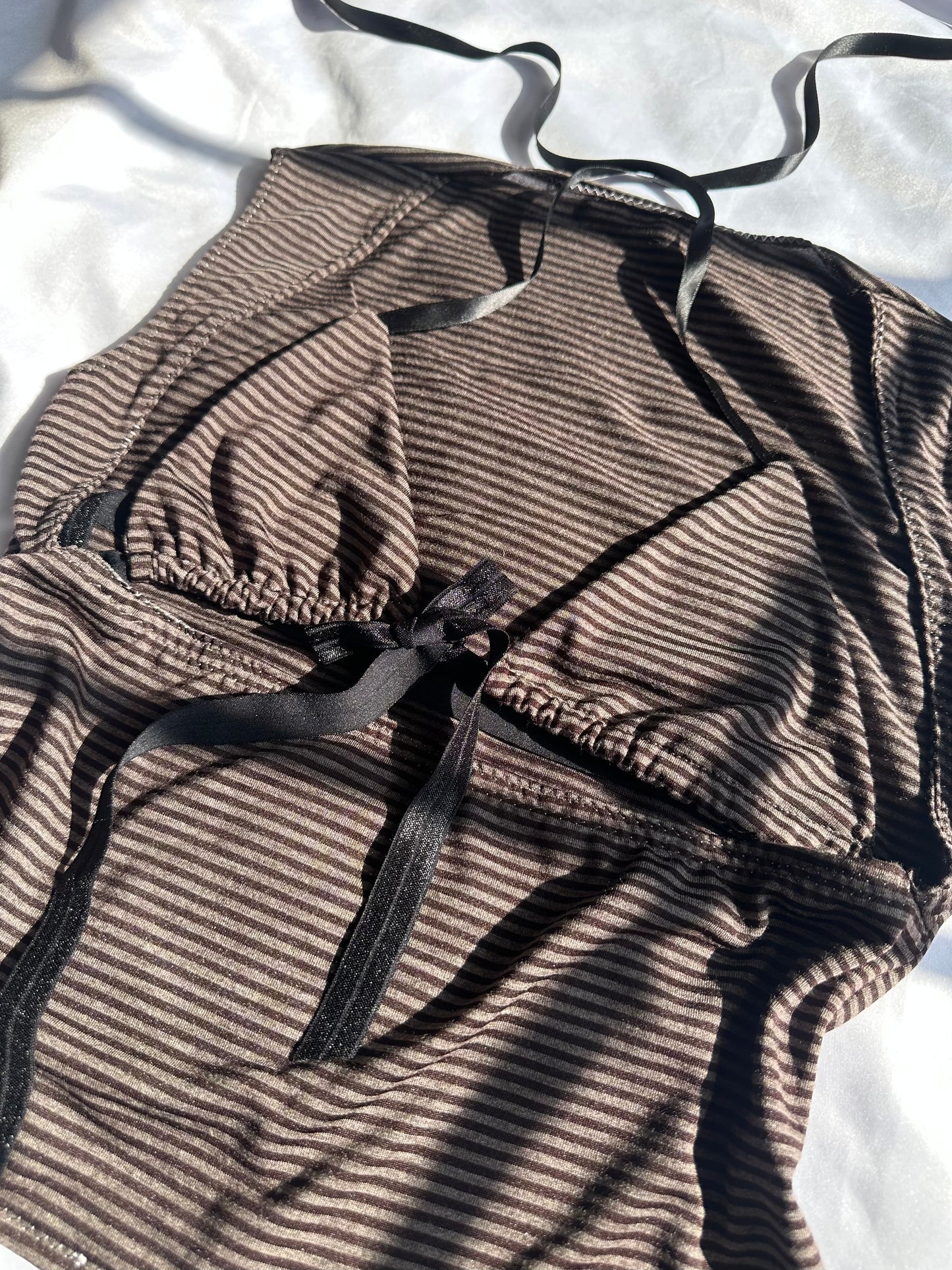 Striped Open Chest Top Brown