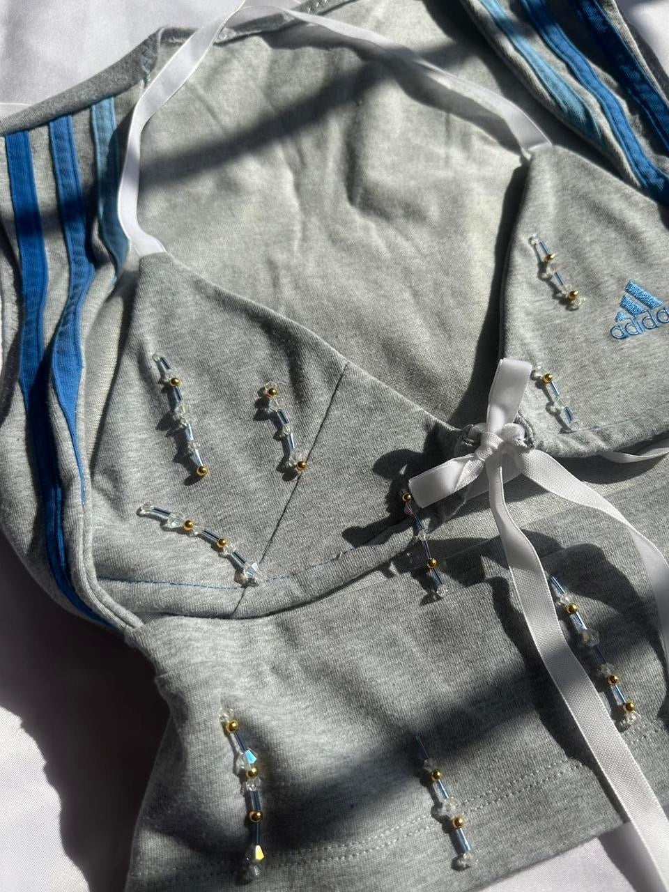 Beaded Open Chest Top Grey & Blue