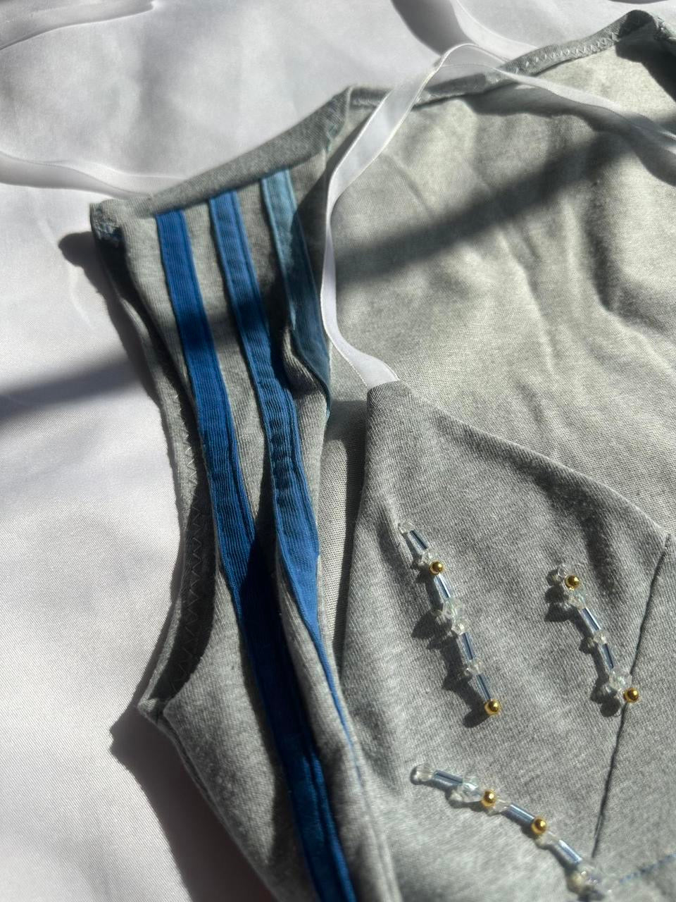 Beaded Open Chest Top Grey & Blue