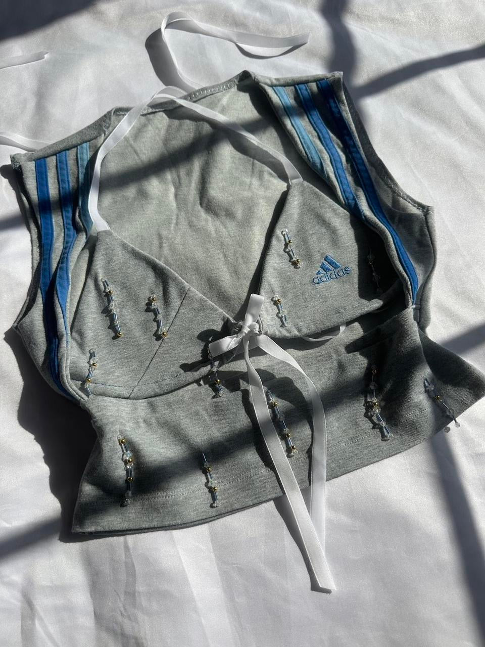 Beaded Open Chest Top Grey & Blue