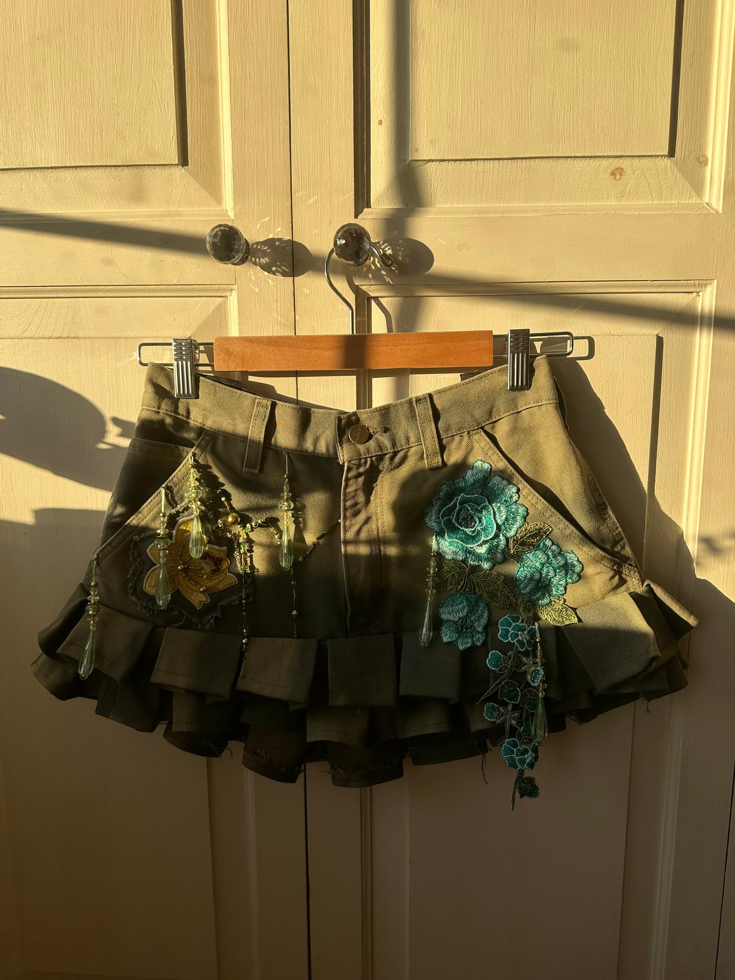 Embellished Floral Pleated Denim Skirt Khaki Green