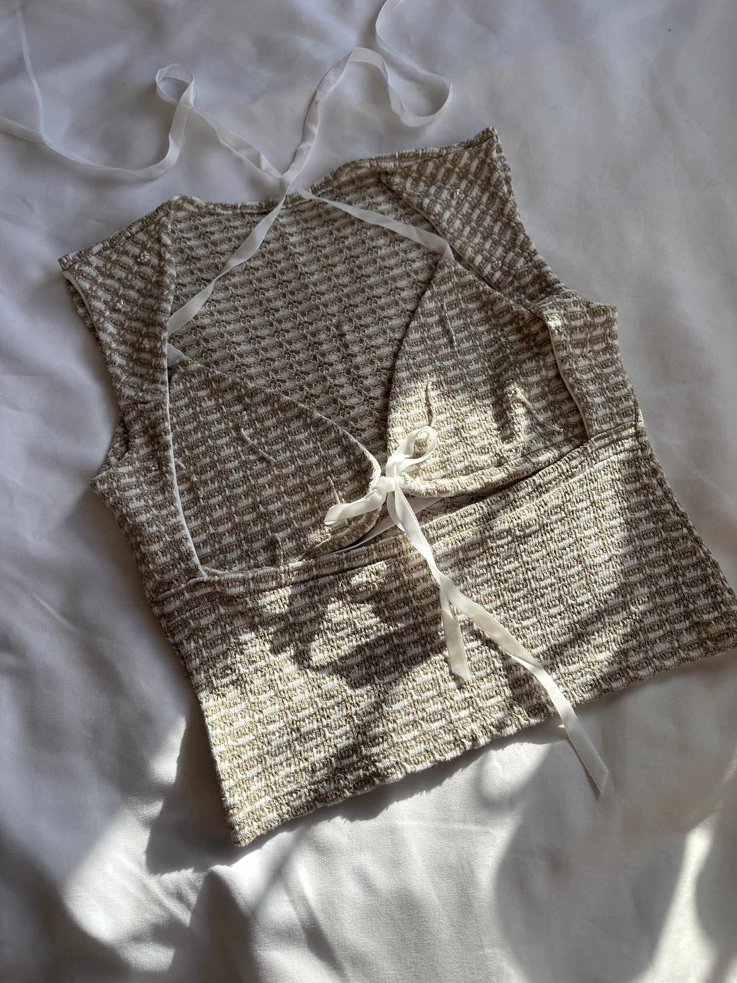 Beaded Open Chest Top Brown & Cream