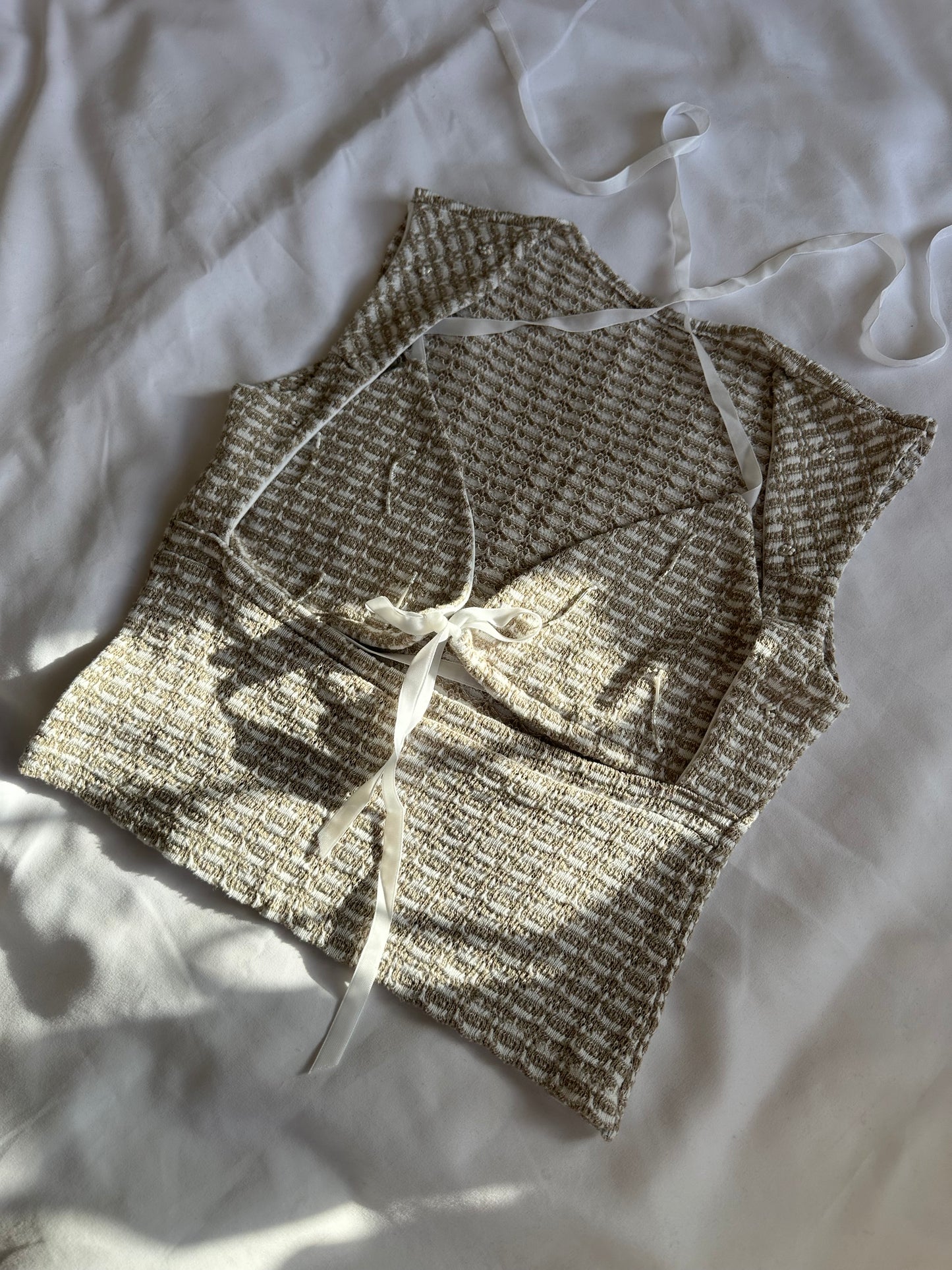Beaded Open Chest Top Brown & Cream