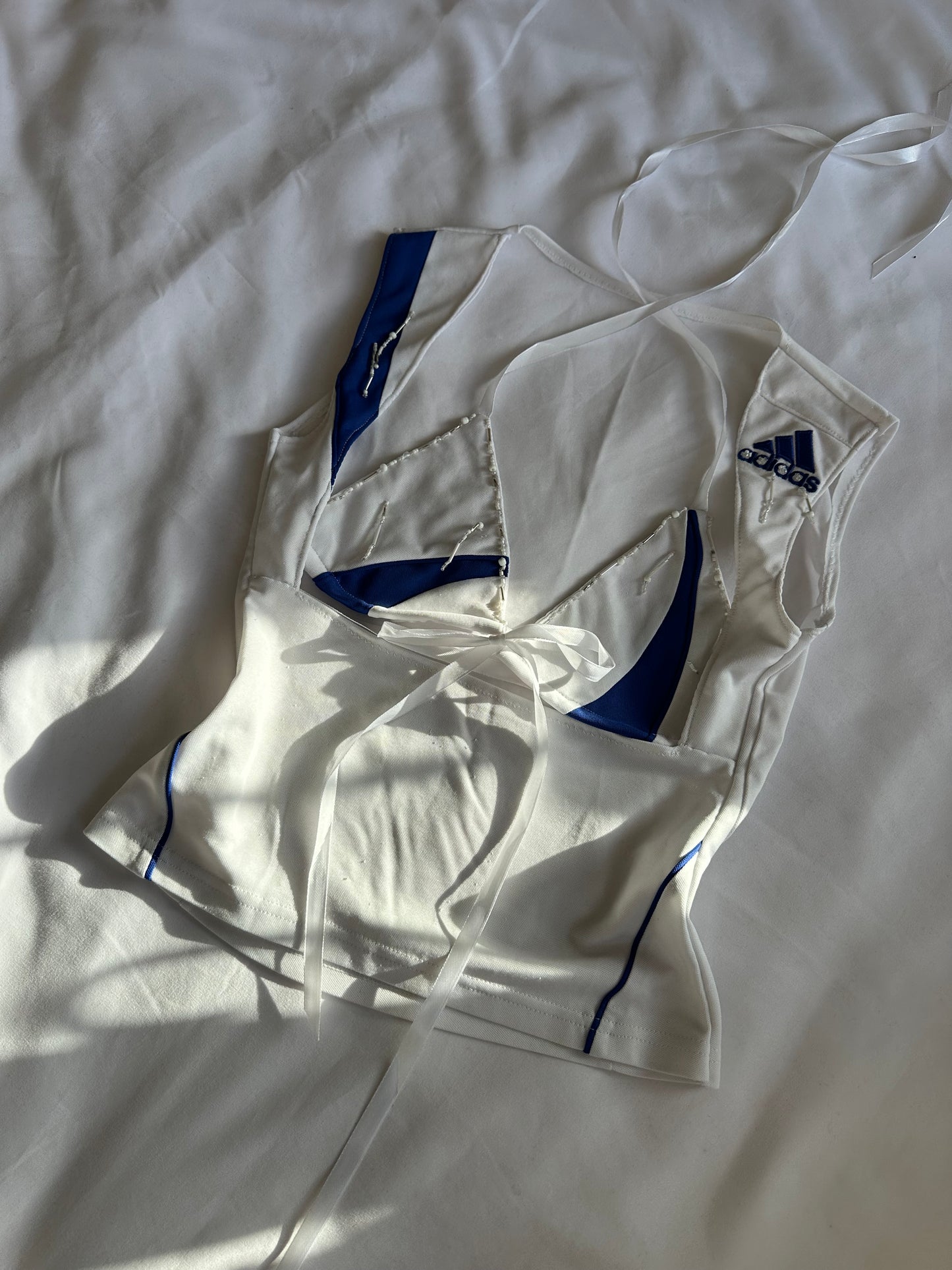 Beaded Adidas Open Chest Top Blue & White