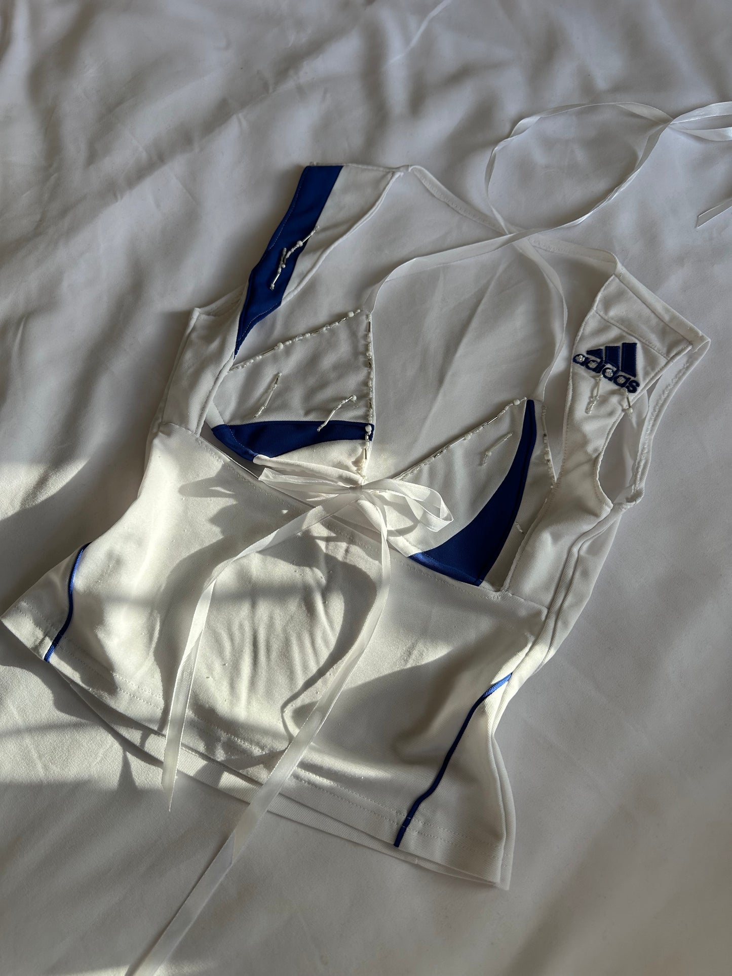 Beaded Adidas Open Chest Top Blue & White