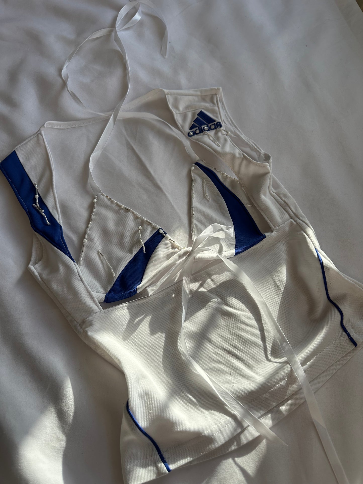 Beaded Adidas Open Chest Top Blue & White