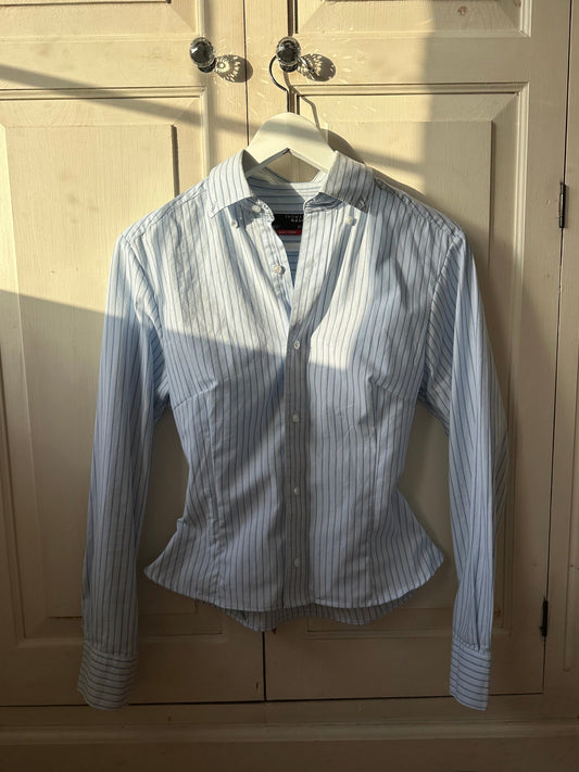Pinstripe Fitted Shirt Adjustable Waist Pale Blue