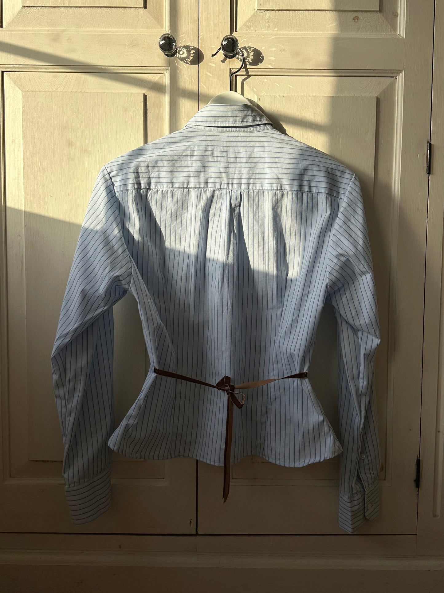 Pinstripe Fitted Shirt Adjustable Waist Pale Blue