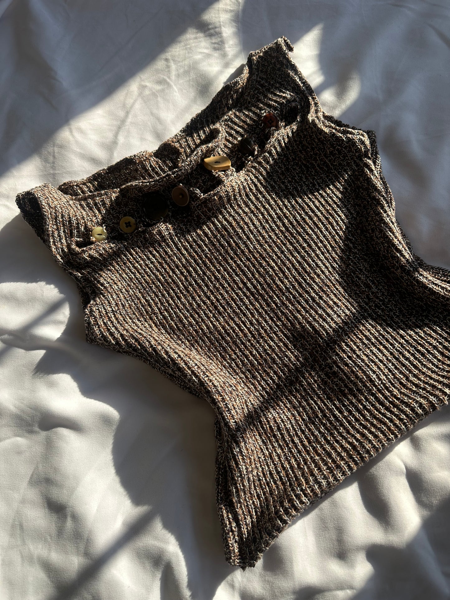 Knitted Button Chest Top Brown Ribbed