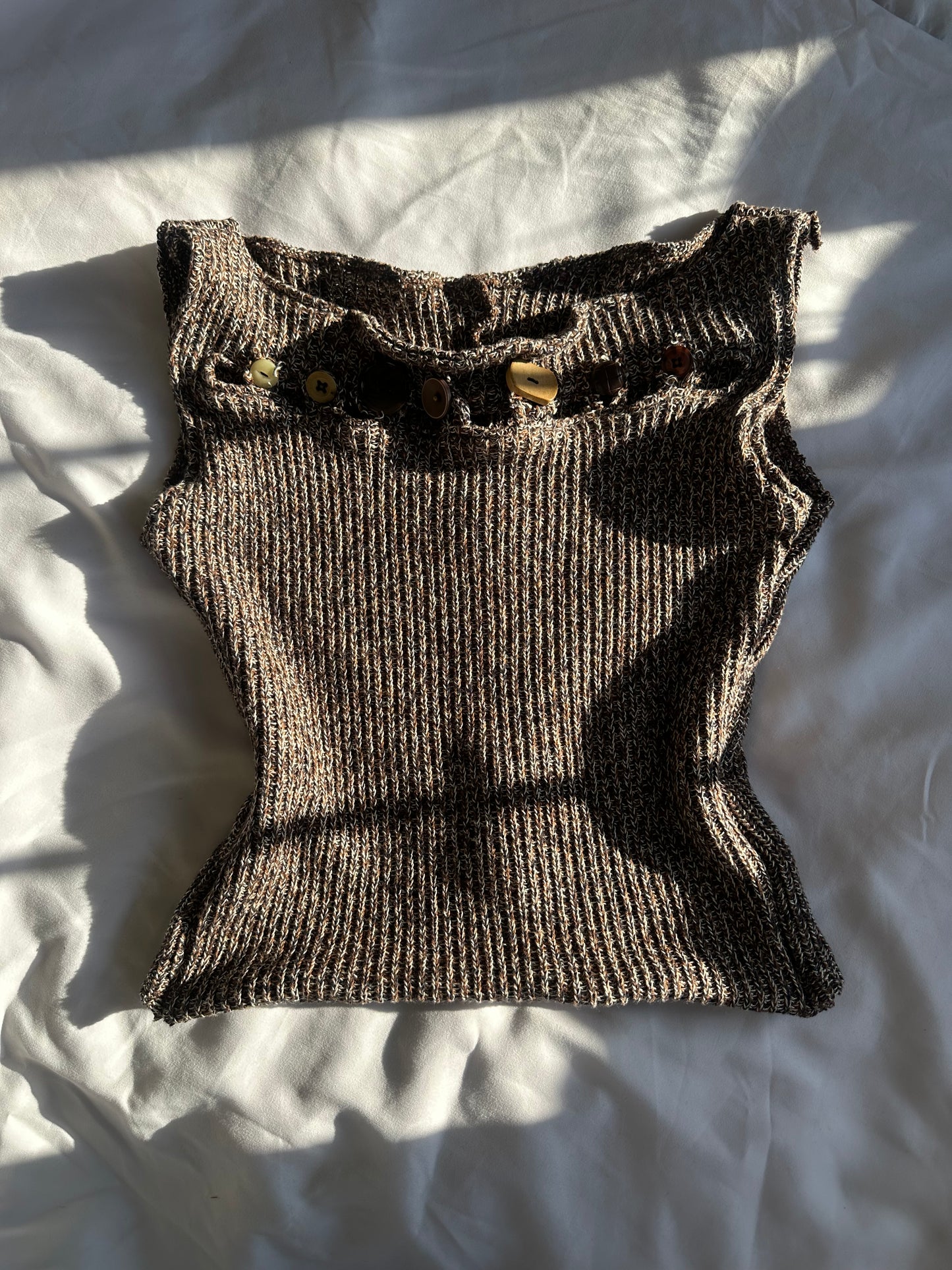 Knitted Button Chest Top Brown Ribbed