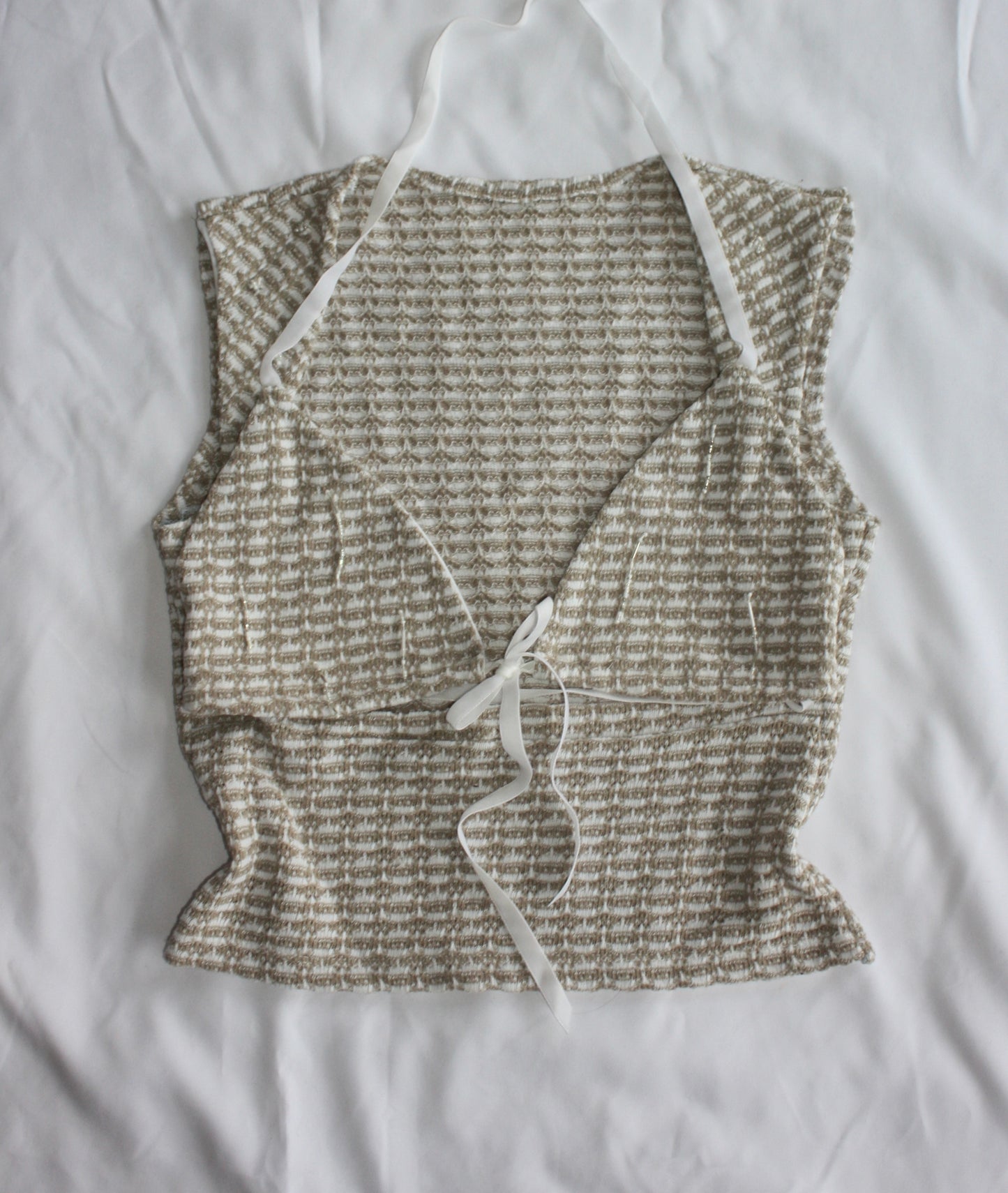 Beaded Open Chest Top Brown & Cream