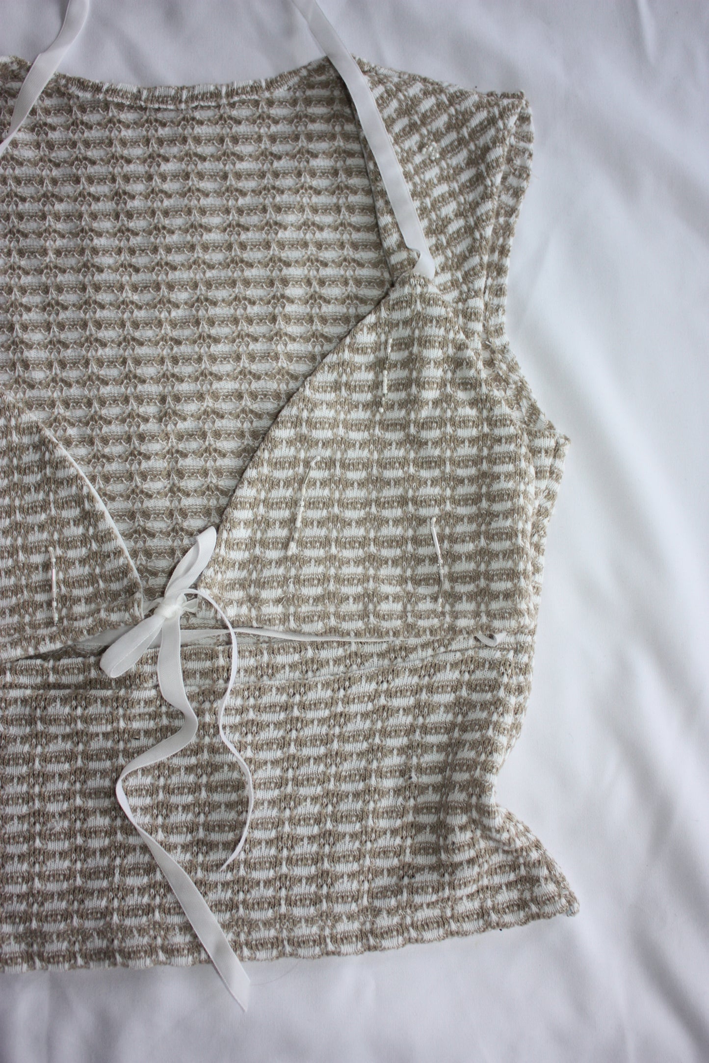 Beaded Open Chest Top Brown & Cream