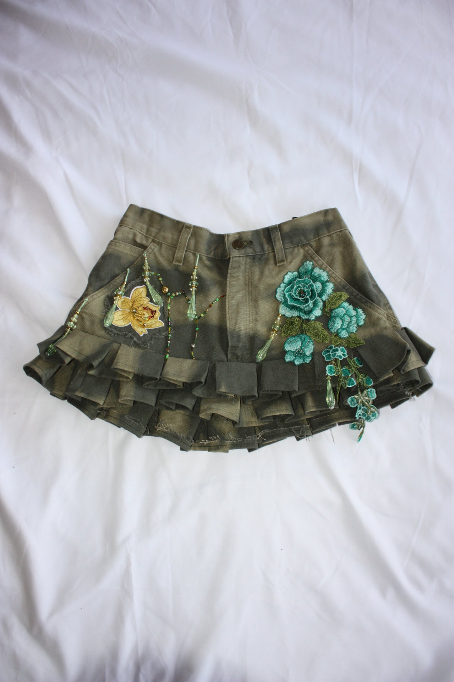 Embellished Floral Pleated Denim Skirt Khaki Green