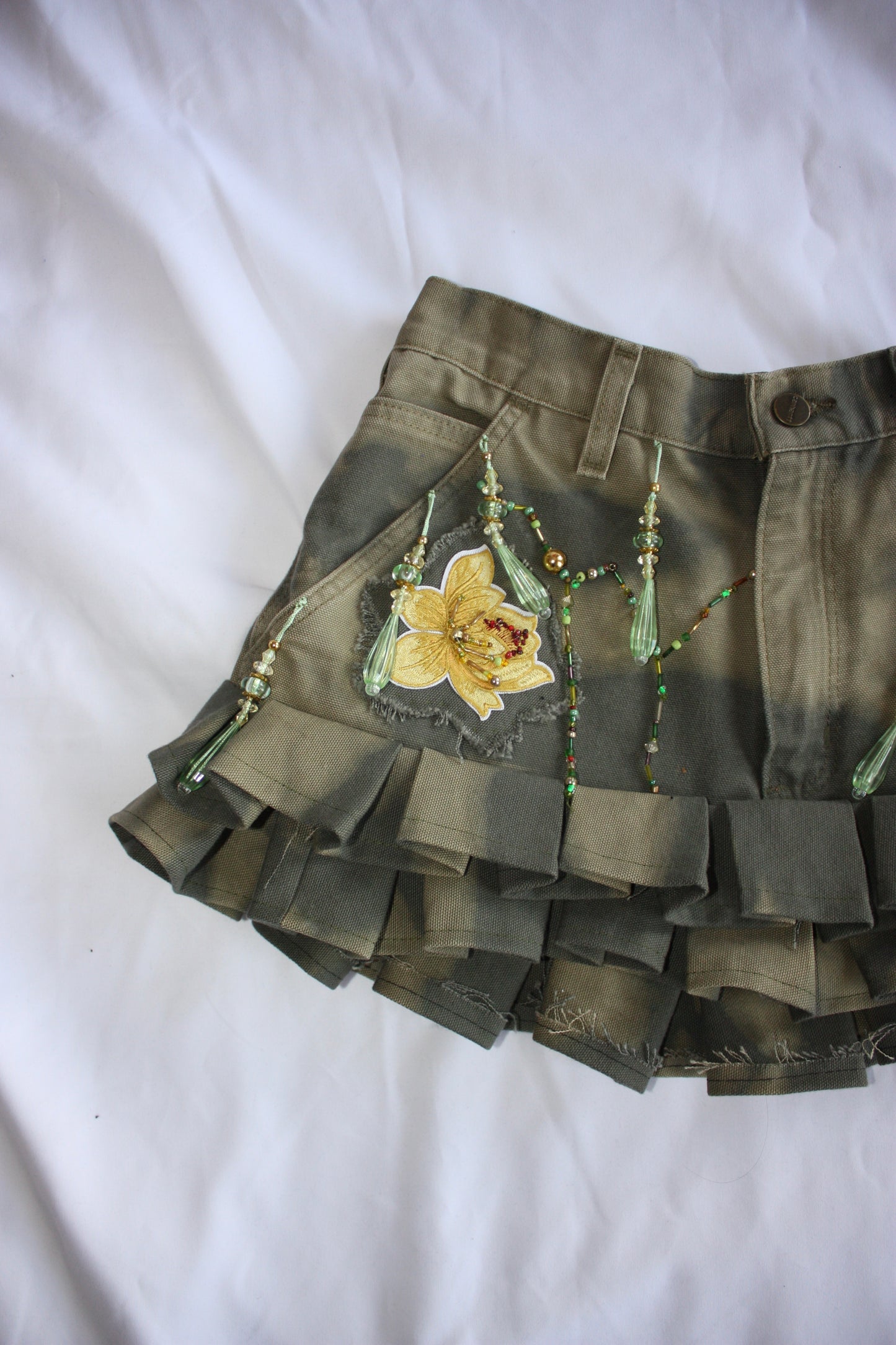 Embellished Floral Pleated Denim Skirt Khaki Green