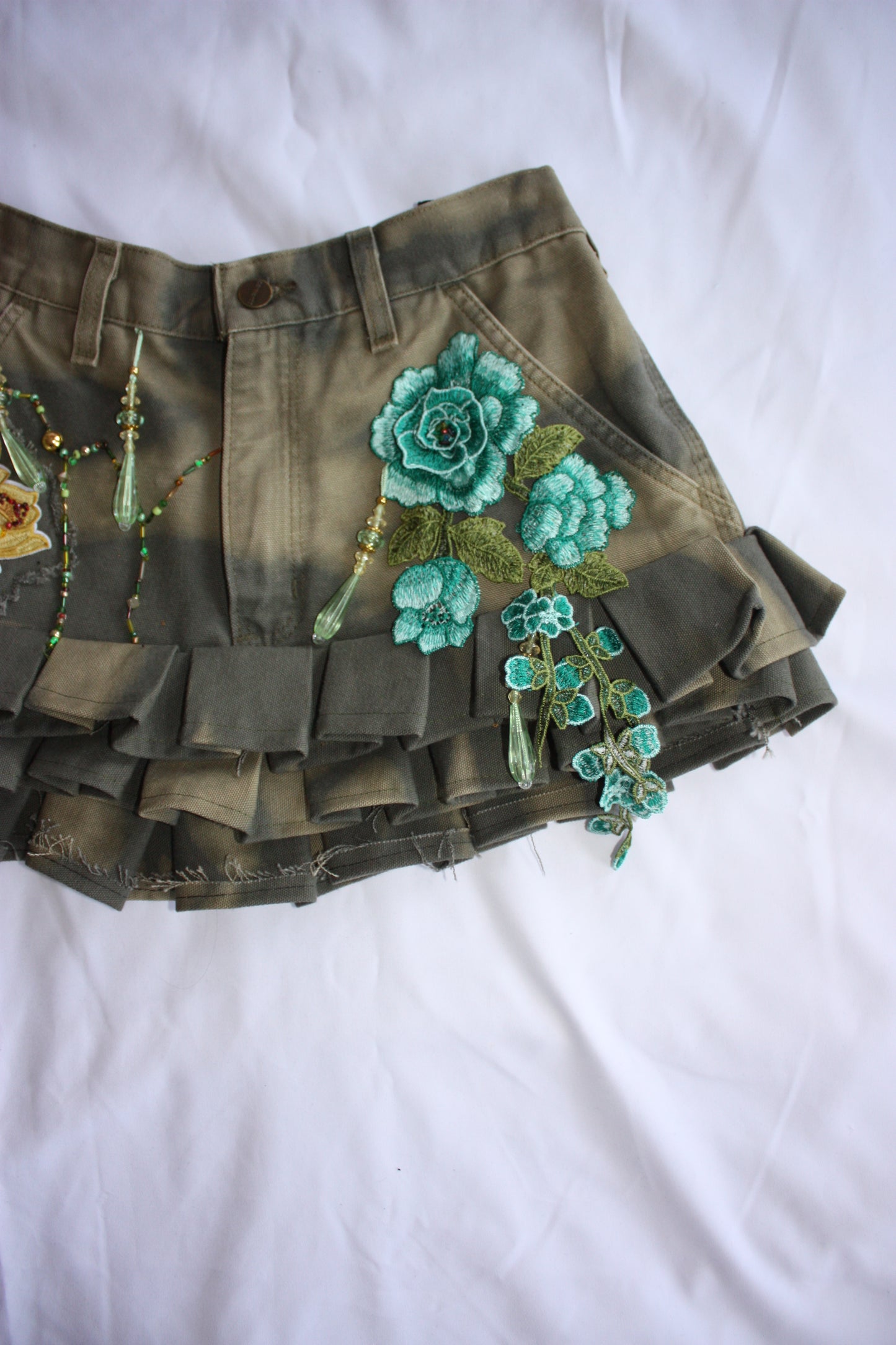 Embellished Floral Pleated Denim Skirt Khaki Green