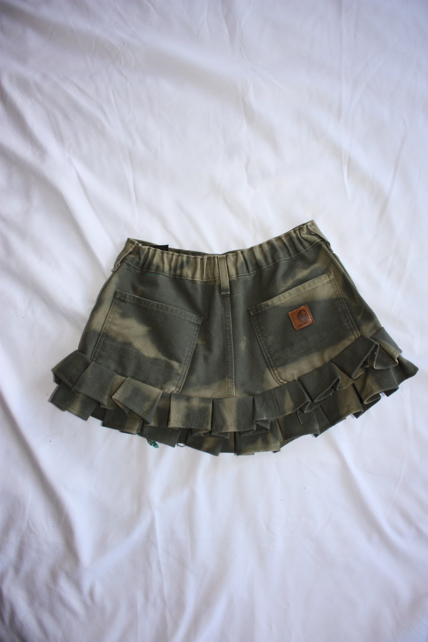 Embellished Floral Pleated Denim Skirt Khaki Green