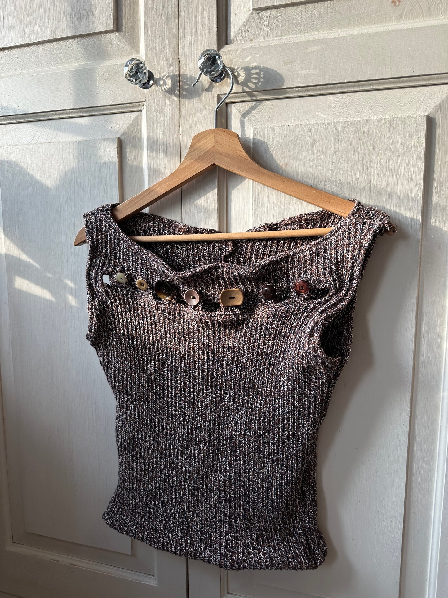 Knitted Button Chest Top Brown Ribbed