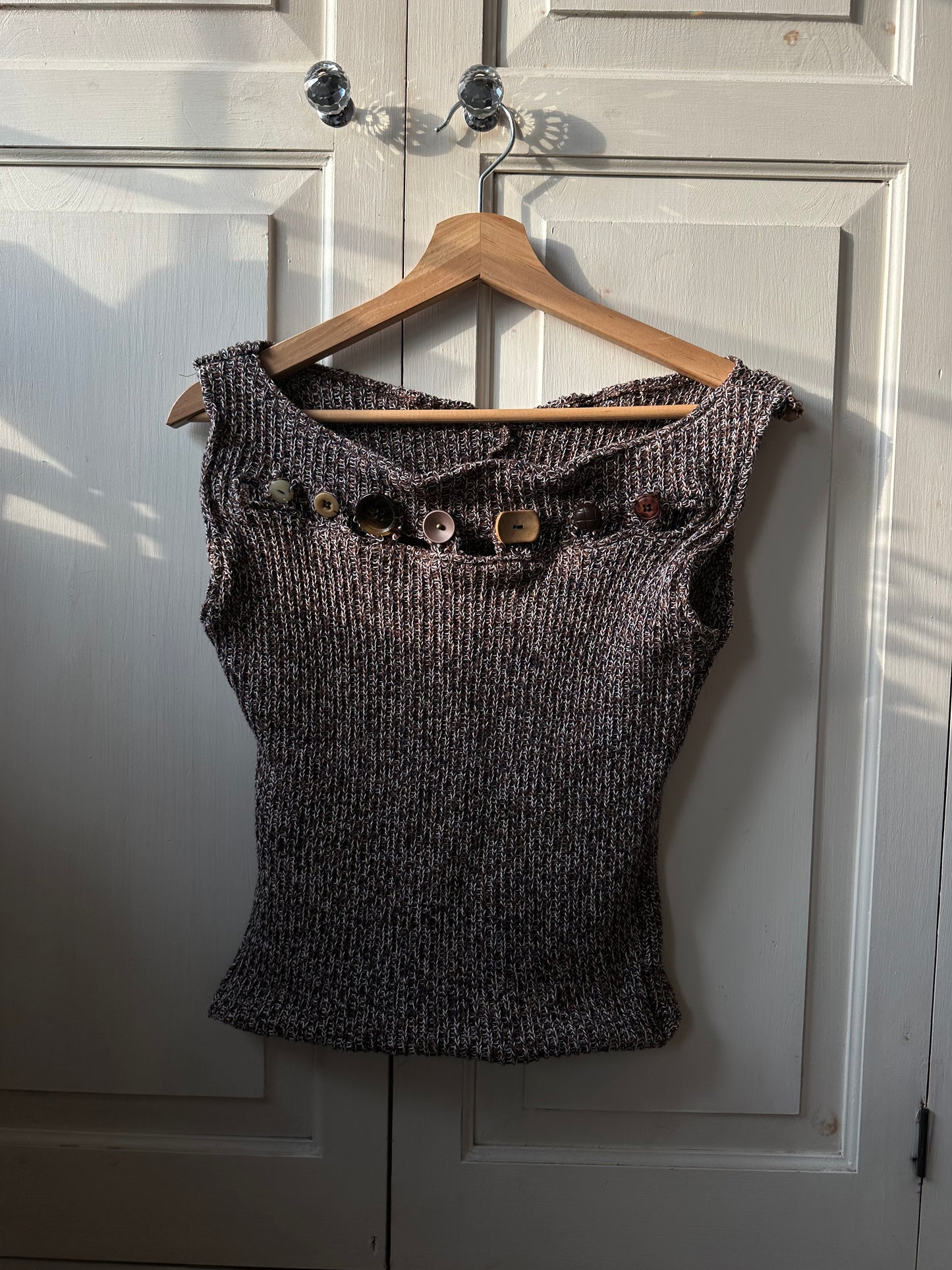 Knitted Button Chest Top Brown Ribbed