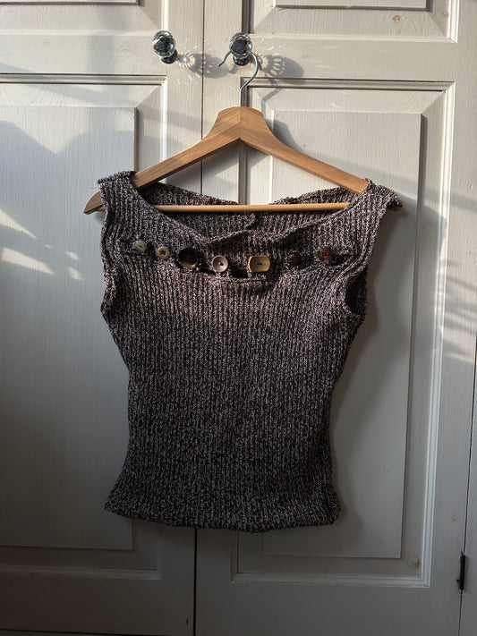 Knitted Button Chest Top Brown Ribbed
