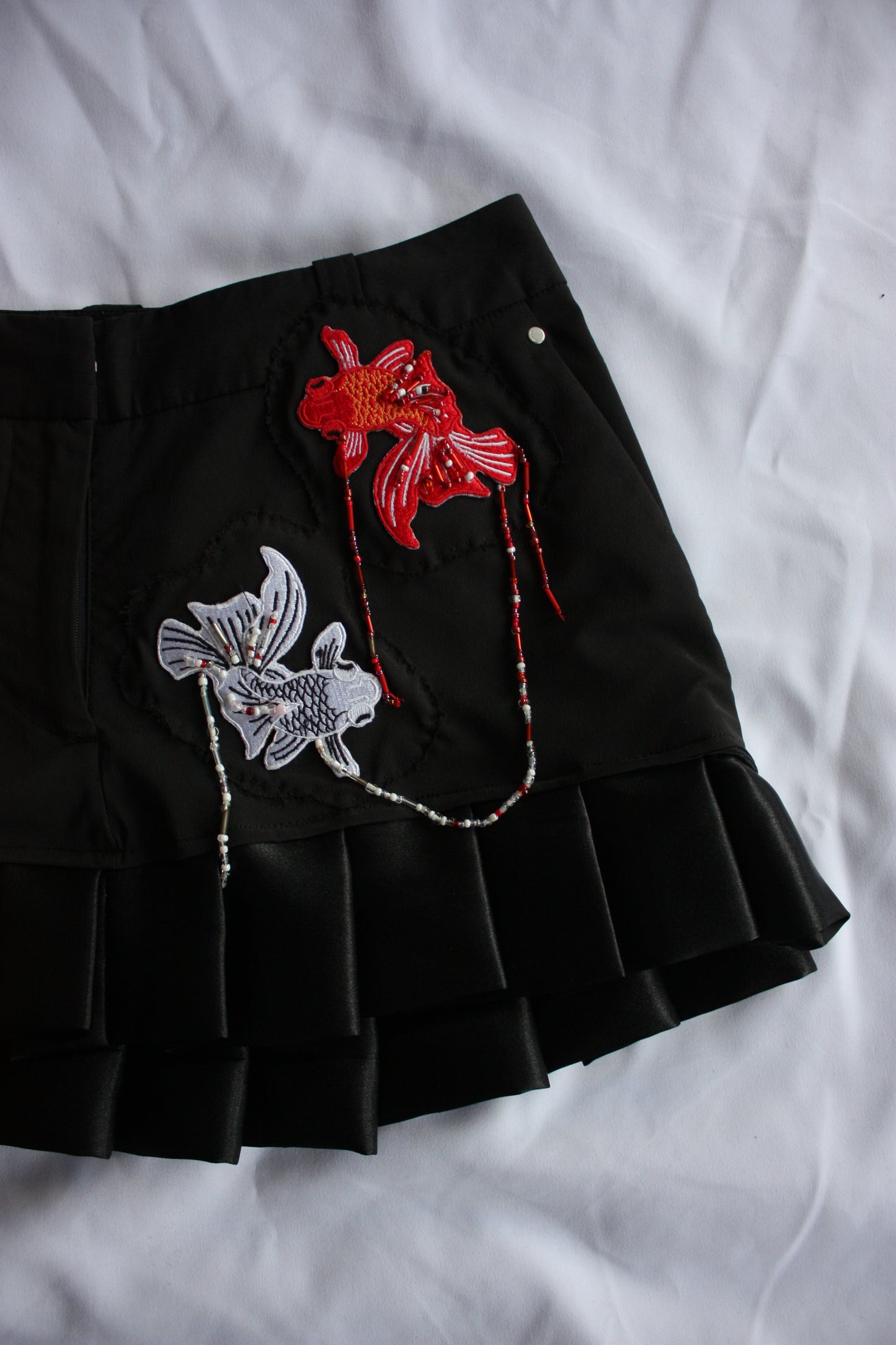 Embellished Koi Fish Pleated Mini Skirt Black & Red
