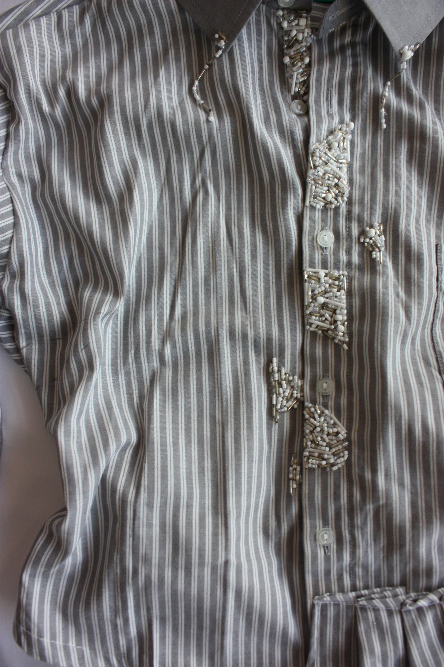Embellished Striped Fitted Shirt Grey & White