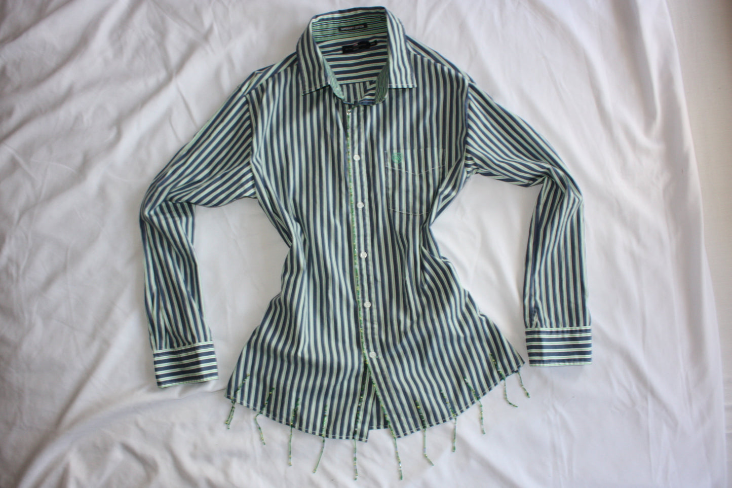 Embellished Striped Fitted Shirt Blue & Green Stripe