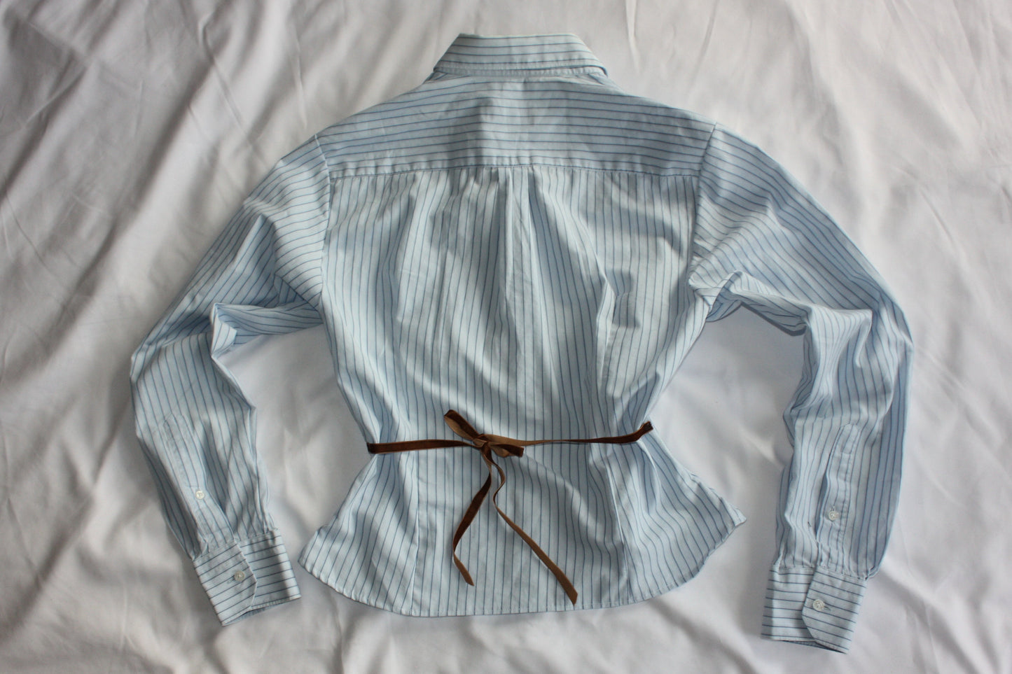 Pinstripe Fitted Shirt Adjustable Waist Pale Blue